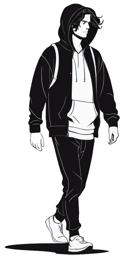 Black and white 2D ilustration of a guy with long hair wearing a hoodie